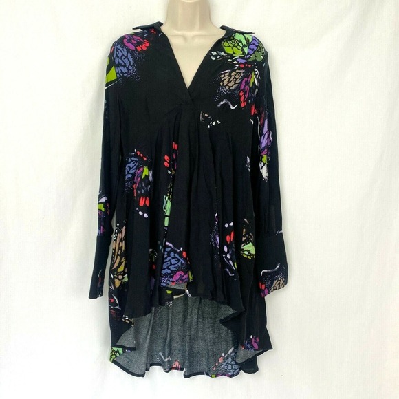 Free People Field Of Butterflies Tunic Top XS Womens Black Swing Flowy Oversized - Picture 1 of 12